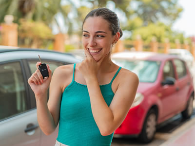 Woman with car key smiling